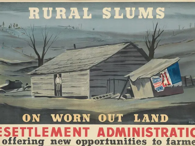 The image shows a poster with text that reads "Rural Slums on Worn Out Land - Resettlement...