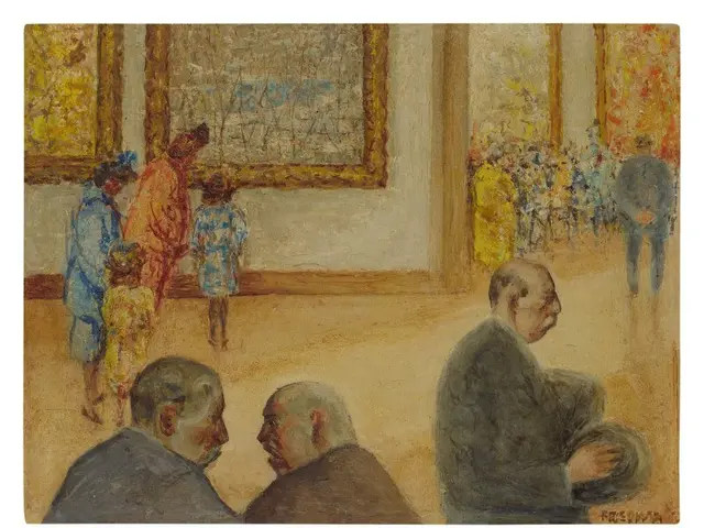 The image shows a painting of a group of people in a room with a wall adorned with a photo frame....