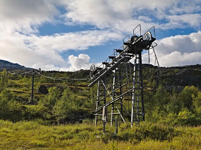 The image shows an old coal mine in the middle of a grassy field, surrounded by trees, plants, and...
