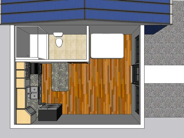 The image shows a floor plan of a tiny house with a kitchen and living room, featuring a toilet...