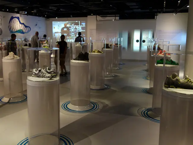 The image shows a room filled with lots of different types of shoes on display in glass boxes, with...