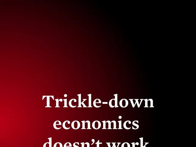 The image shows a poster with the words "Trickle-Down Economics Doesn't Work" written in bold,...