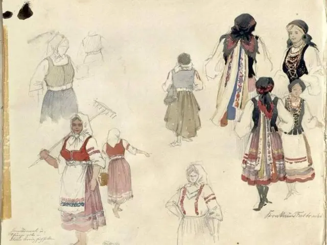The image shows a drawing of a group of women in traditional Swedish clothing, likely from the...