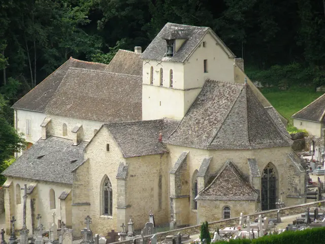 The image shows an old church with a graveyard in front of it, surrounded by houses, trees, plants,...