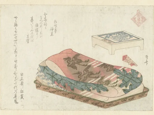 The image shows a Japanese woodblock print of a bed with a pillow on top of it, accompanied by a...