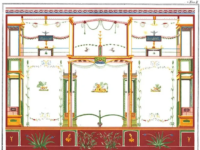 The image shows a drawing of a room with a lot of windows, decorated with intricate designs and...