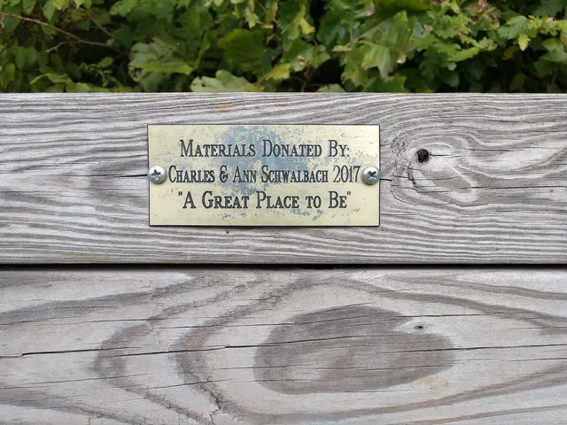 The image shows a wooden bench with a plaque on it that reads "Materials Donated by Charles & Ann...