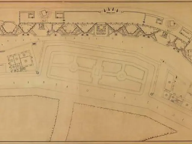 The image shows a drawing of a plan of a park with a lot of trees, which is believed to be the site...