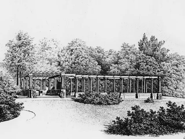 The image shows a black and white drawing of a pavilion in the middle of a park, surrounded by...