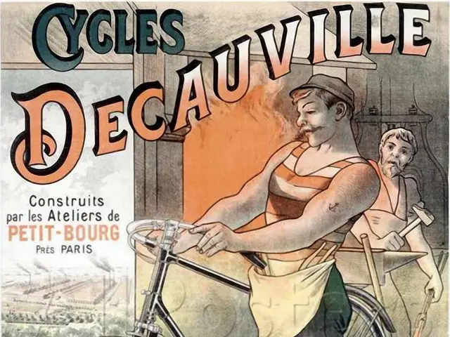 The image shows a poster advertising a bicycle repair shop in Decauville, France. It features a man...