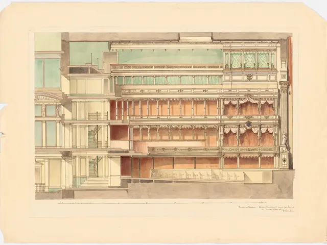 The image shows a drawing of a building with a lot of windows, railings, stairs, and curtains. At...