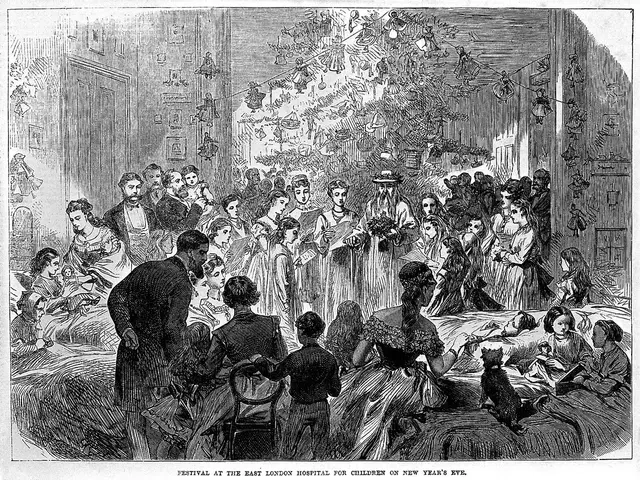 The image shows a black and white drawing of a crowd of people in a room, with some standing and...