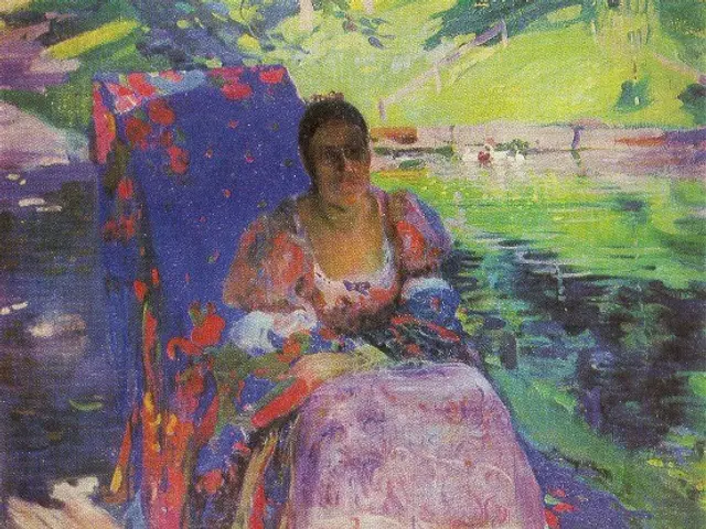 The image shows a woman sitting on a chair in a park, surrounded by lush greenery and a tranquil...