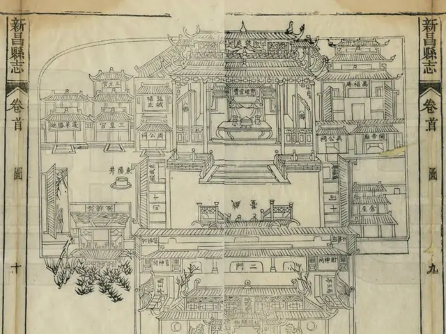 The image shows an old book with a drawing of a Chinese building on it. The drawing is detailed and...