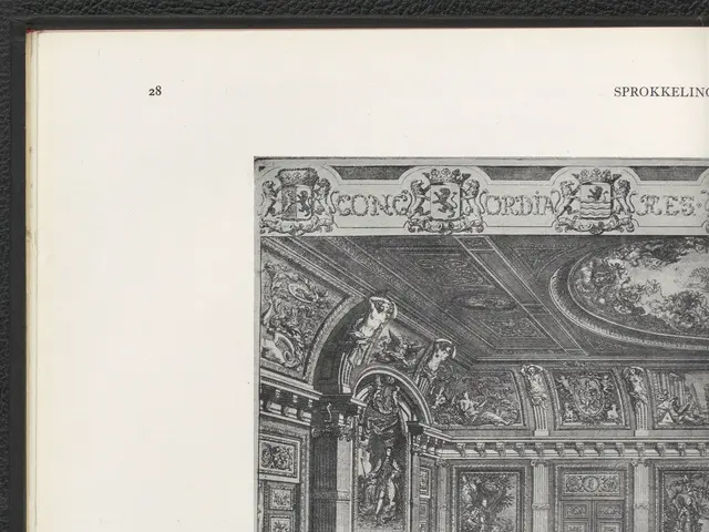 The image shows an open book with a drawing of a room filled with people, sculptures, and text on...
