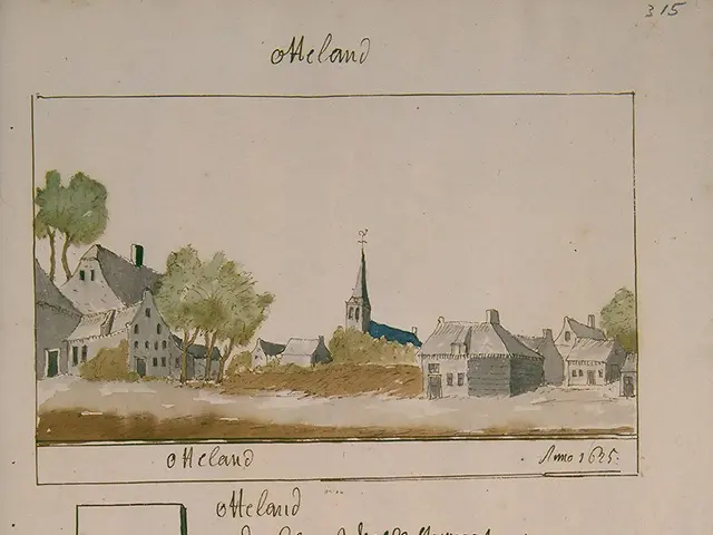 The image shows an open book with a drawing of a village with a church in the background,...