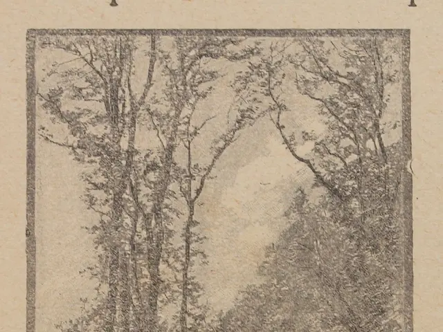 The image shows an old book with a drawing of a park on it, featuring trees, people, a fence, and...