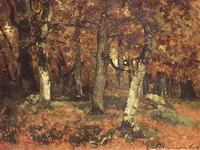 The image shows a painting of a wooded area with trees in the fall, painted in oil on canvas by...
