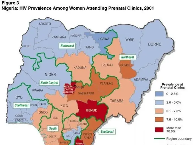 The image shows a map of Nigeria with different colors indicating the prevalence of HIV among women...