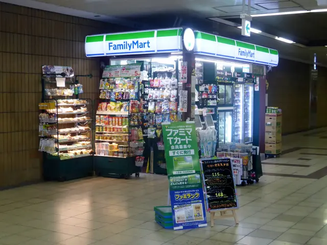 The image shows a convenience store with a sign that reads "FamilyMart" in the middle of it. Inside...