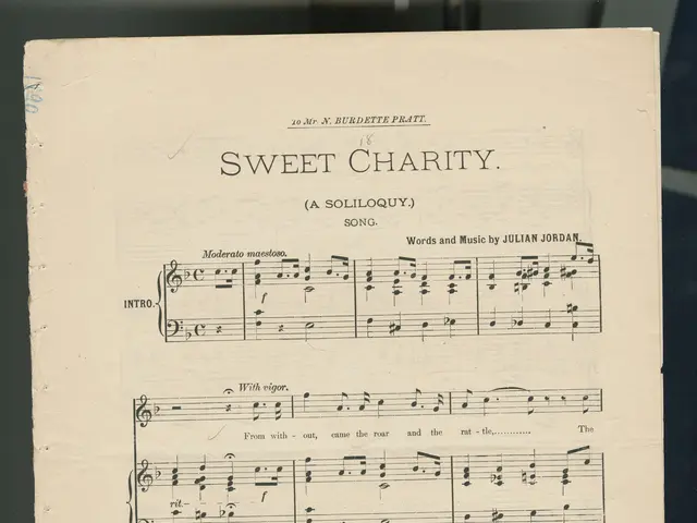 The image shows an old sheet of music with the words "Sweet Charity" written on it, placed on a...