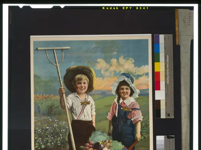 The image shows two children, a boy and a girl, standing and holding a trolley full of vegetables....