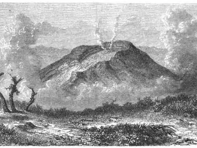The image shows a black and white engraving of a mountain with smoke billowing out of it,...