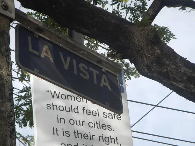 The image shows a tree with a sign attached to its trunk that reads "La Vista Women Should Feel...