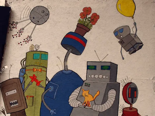 As we can see in the image there is wall. On wall there is painting of plant, electrical equipment,...