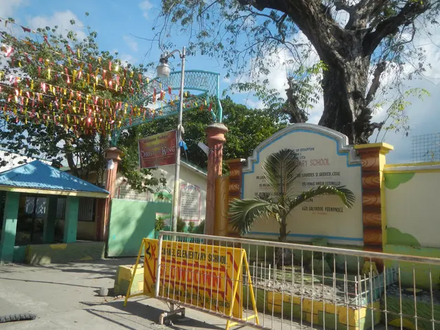 The image shows the entrance to a school with a large tree in front of it, surrounded by a metal...