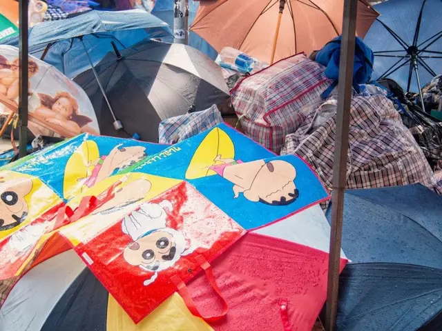 The image shows a bustling street market in Bangkok, Thailand, with a variety of umbrellas of...