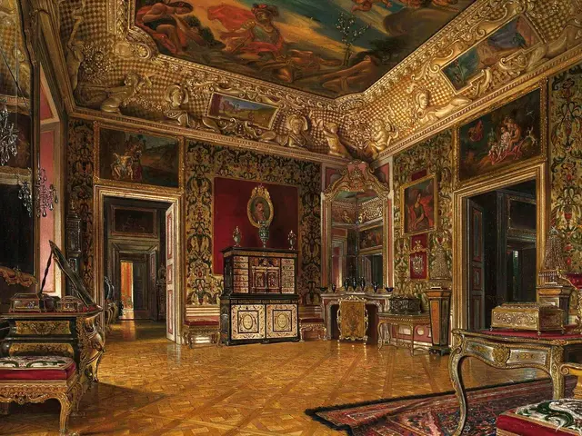 The image shows a room with ornate furniture and paintings on the walls, including chairs, tables,...