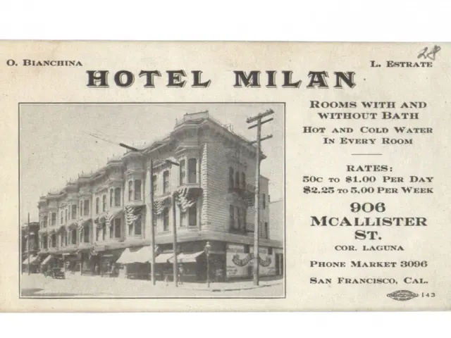 The image shows a black and white photograph of the Hotel Milan in San Francisco, California. The...