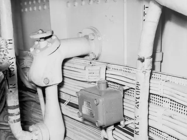 The image shows a black and white photo of a water meter with pipes and wires connected to it. The...