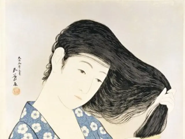 The image shows a Japanese woodblock print of a woman in a blue kimono combing her hair. She has...