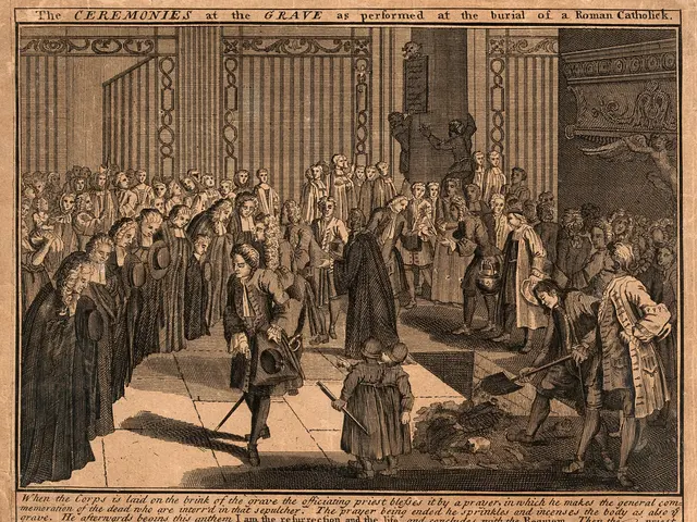 The image shows an engraving of a group of people standing in front of a crowd, with some of them...