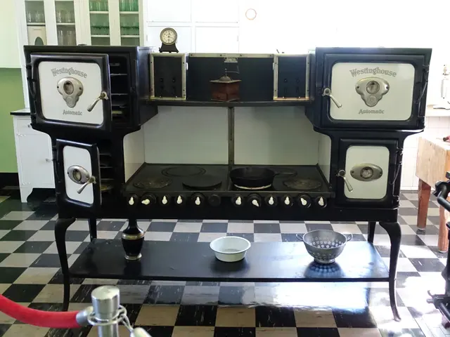 The image shows an old fashioned kitchen with a black and white checkered floor, featuring a stove,...