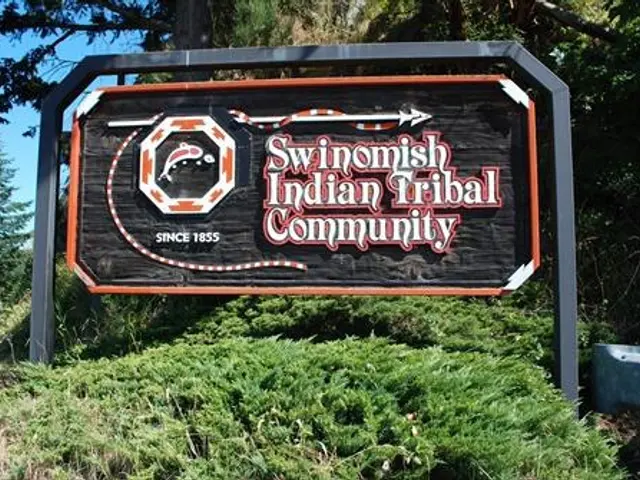 The image shows a board with the words "Swinomish Indian Tribal Community" written on it,...