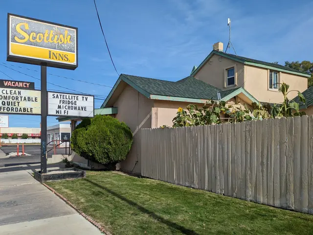 The image shows a Scottish Inn Motel in San Francisco, California. It features a house with a roof...
