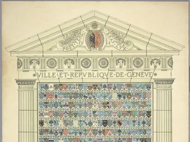 The image shows a poster with a drawing of a building with a lot of different designs on it. The...