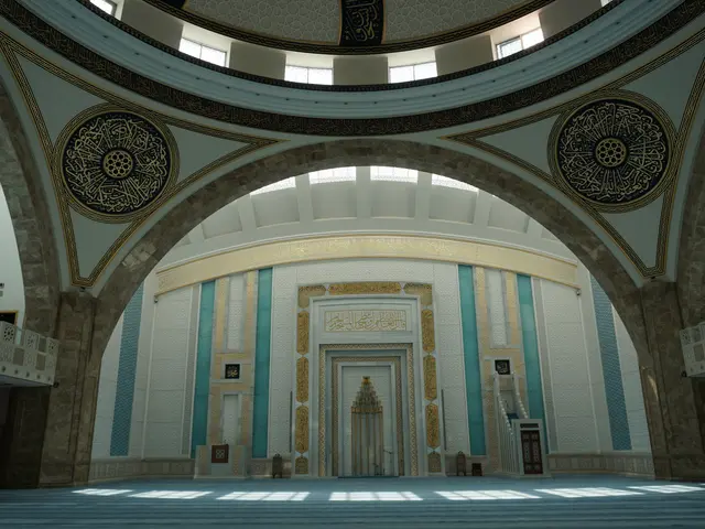 The image shows the interior of a large building with a blue and white tiled floor, walls adorned...