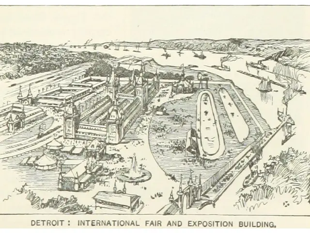 The image shows a drawing of the Detroit International Fair and Exposition Building, with a few...