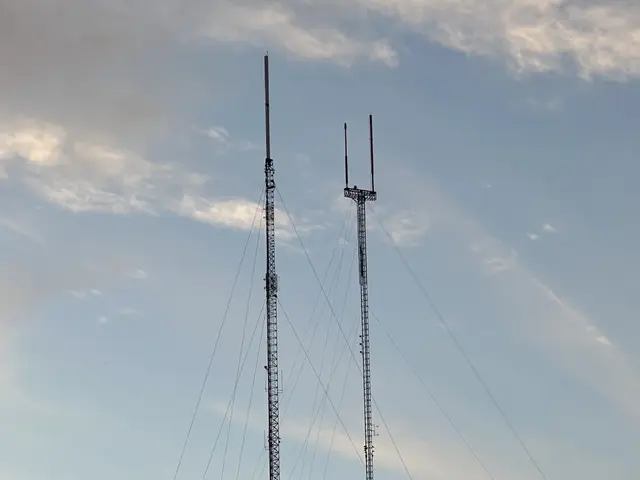 The image shows two tall antennas sitting atop a grass-covered field, with a tree on the left side...
