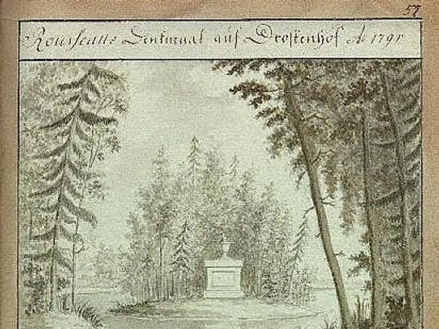 The image shows an open book with a drawing of a monument in the middle of a forest, surrounded by...
