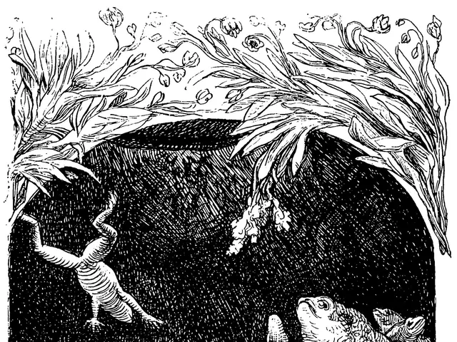 The image shows a black and white drawing of frogs in a cave, surrounded by trees and plants. At...
