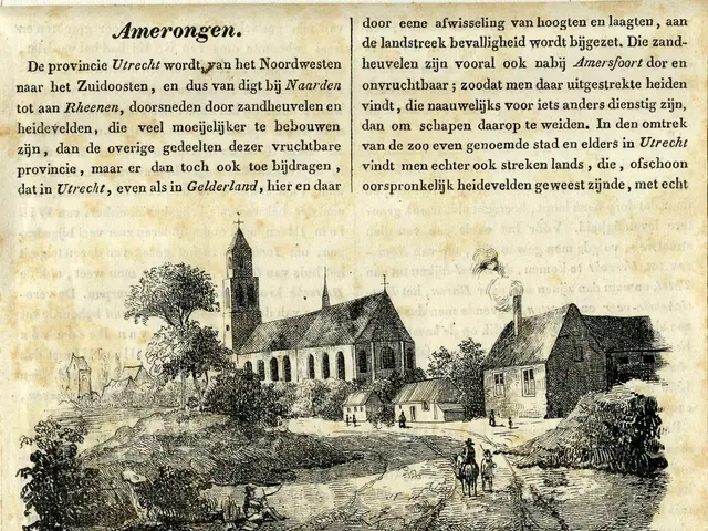 The image shows an old book with a drawing of a village on it, featuring houses, trees, and people....