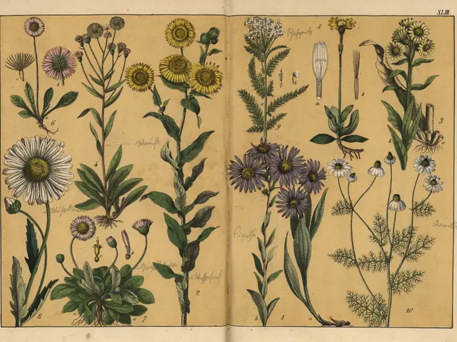 The image shows an open book with a variety of wildflowers and plants on it. The book is filled...