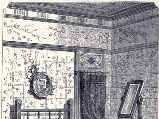 The image shows a black and white drawing of a bedroom with a bed adorned with pillows, a table...