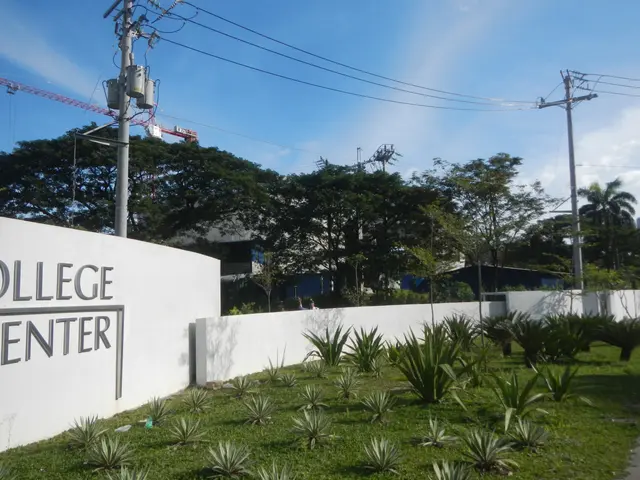 The image shows the entrance to a college center with a sign that reads "College Center" on the...