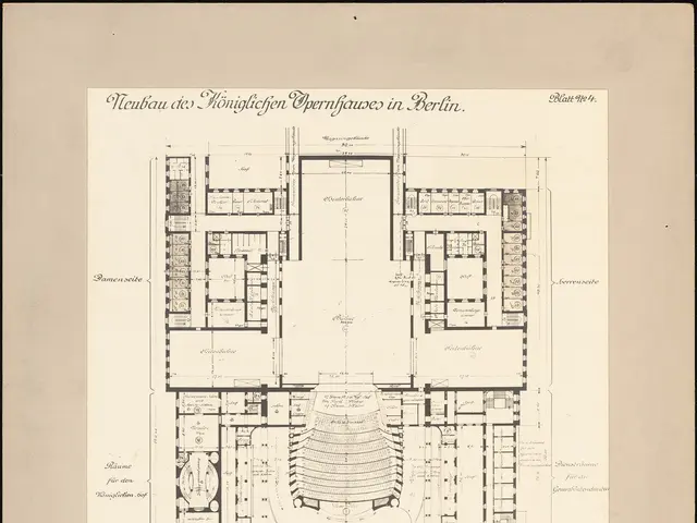 The image shows a drawing of a floor plan of a building with a lot of rooms, including the main...